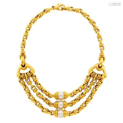 Gold and South Sea Cultured Pearl Triple Strand Swag Necklac...