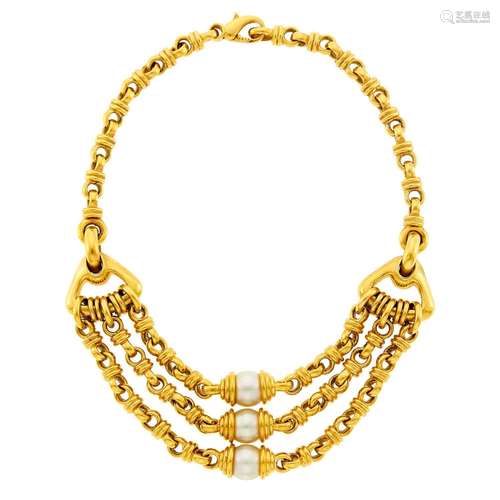 Gold and South Sea Cultured Pearl Triple Strand Swag Necklac...