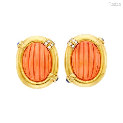 Pair of Gold, Carved Coral, Cabochon Sapphire and Diamond Ea...