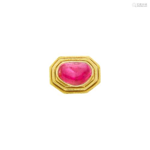 David Webb Hammered Gold and Cabochon Ruby Ring