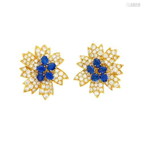Pair of Gold, Sapphire and Diamond Flower Earrings