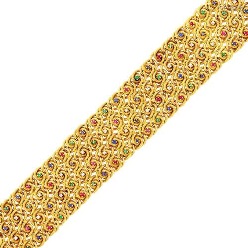 Wide Gold, Ruby, Sapphire, Emerald and Diamond Bracelet