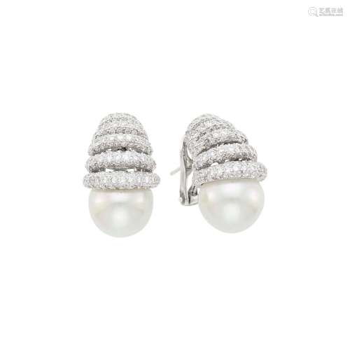 Pair of White Gold, South Sea Cultured Pearl and Diamond Ear...