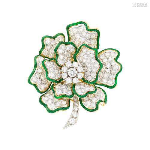 Two-Color Gold, Diamond and Green Enamel Flower Clip-Brooch