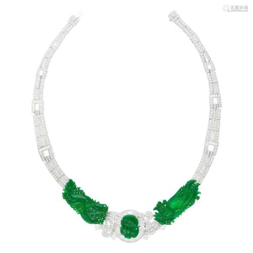 White Gold, Carved Jade and Diamond Necklace