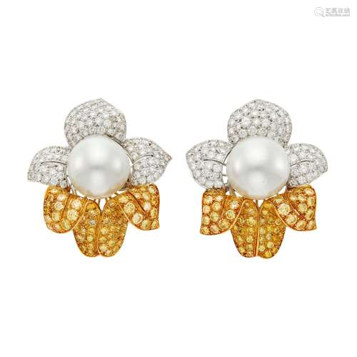Pair of Two-Color Gold, Freshwater Pearl, Colored Diamond an...