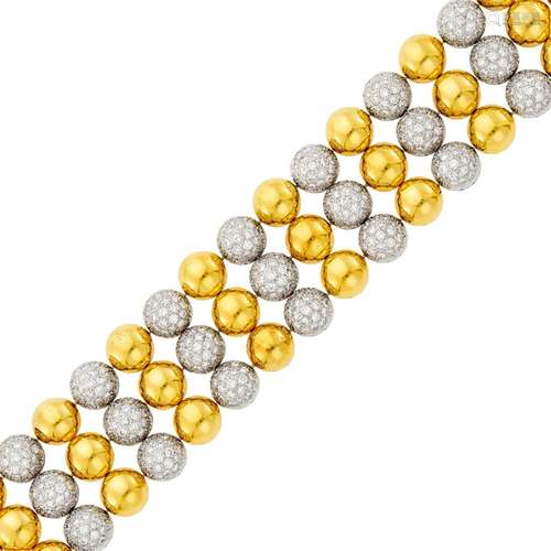 Wide Three Row Two-Color Gold and Diamond Bracelet