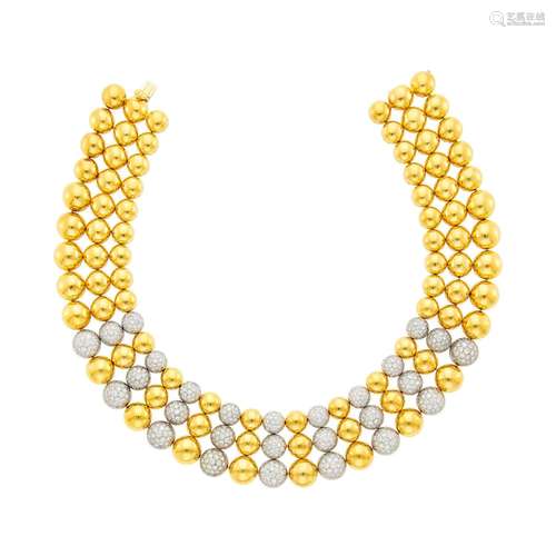 Wide Three Row Two-Color Gold and Diamond Necklace