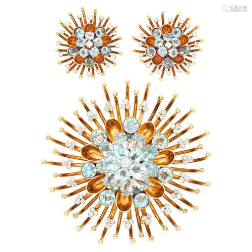 Gold, Platinum, Aquamarine and Diamond Flower Clip-Brooch an...