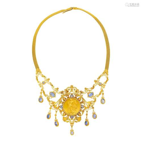 Antique Gold Medallion, Sapphire and Split Pearl Mesh Neckla...