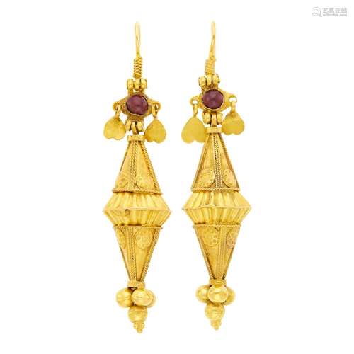 Pair of Antique Gold and Cabochon Garnet Pendant-Earrings