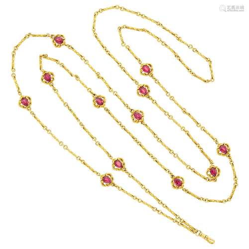 Long Art Nouveau Gold and Rhodolite Garnet Watch Chain