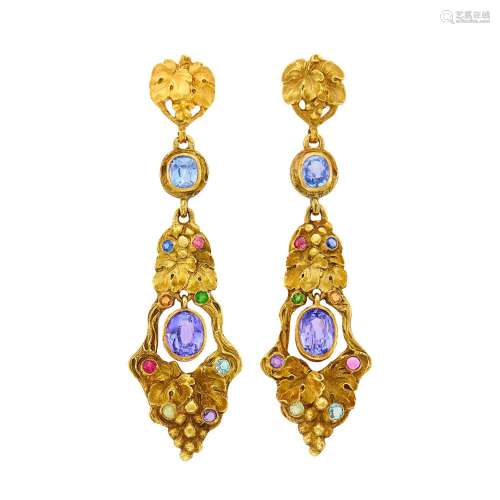 Pair of Art Nouveau Gold and Gem-Set Pendant-Earrings