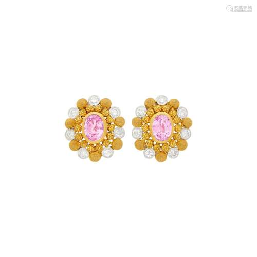 Mario Buccellati Pair of Two-Color Gold, Pink Sapphire and D...