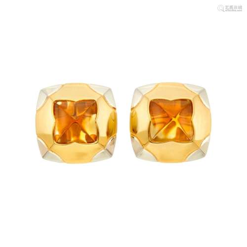 Bulgari Pair of Two-Color Gold and Citrine `Pyramid` Earclip...