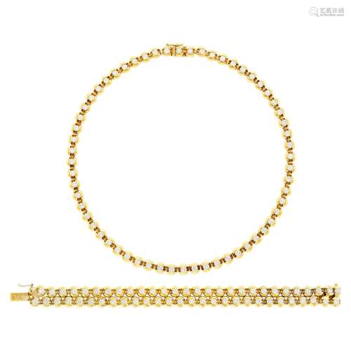 Gold and Diamond Necklace and Double Strand Bracelet