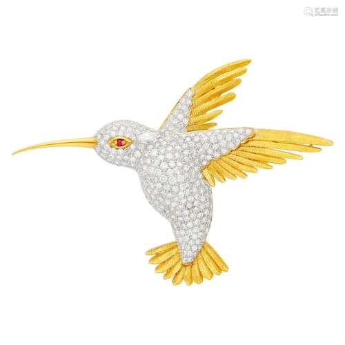 Two-Color Gold and Diamond Hummingbird Clip-Brooch