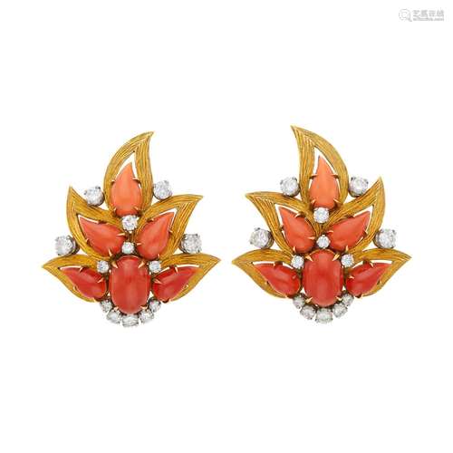 Pair of Gold, Platinum, Coral and Diamond Flower Earclips