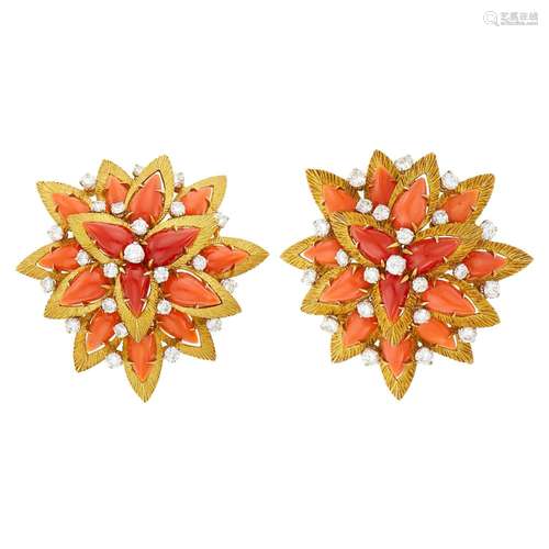 Pair of Gold, Coral and Diamond Flower Clip-Brooches