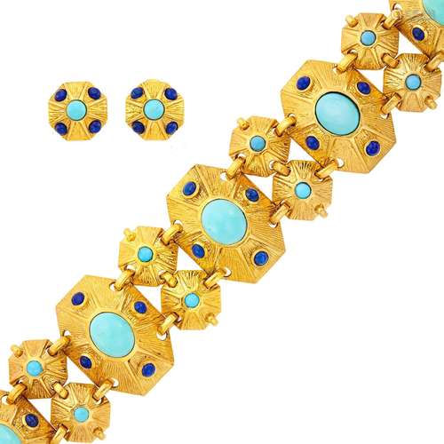 Tiffany & Co. Wide Gold, Turquoise and Lapis Link Bracel...