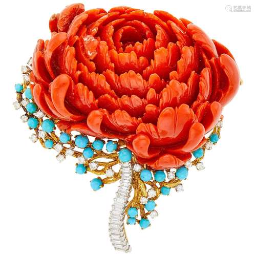 Two-Color Gold, Carved Coral, Turquoise and Diamond Flower C...