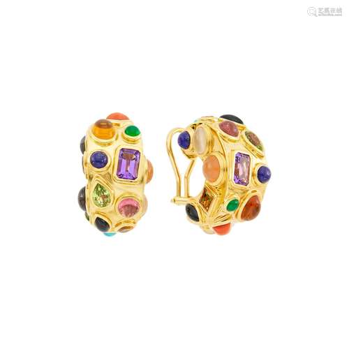 Seaman Schepps Pair of Gold and Colored Stone Hoop `Fifties`...