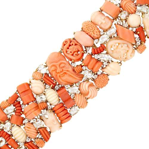 Wide Gold, Carved Coral and White Topaz Bracelet