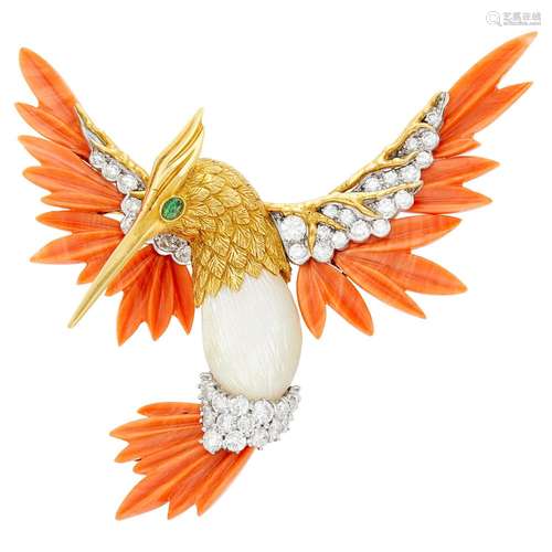 Kutchinsky Two-Color Gold, Carved Coral, Mother-of-Pearl, Di...