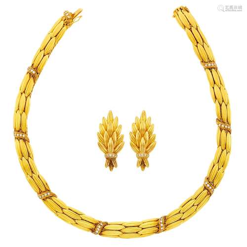 Ilias Lalaounis Gold and Diamond Wheat Sheaf Necklace and Pa...