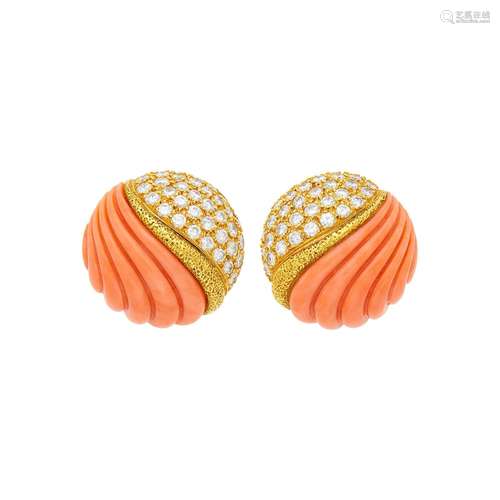 Bulgari Pair of Gold, Carved Coral and Diamond Earclips, Fra...