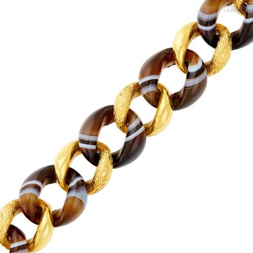 Seaman Schepps Gold and Banded Agate `Curb Link` Bracelet