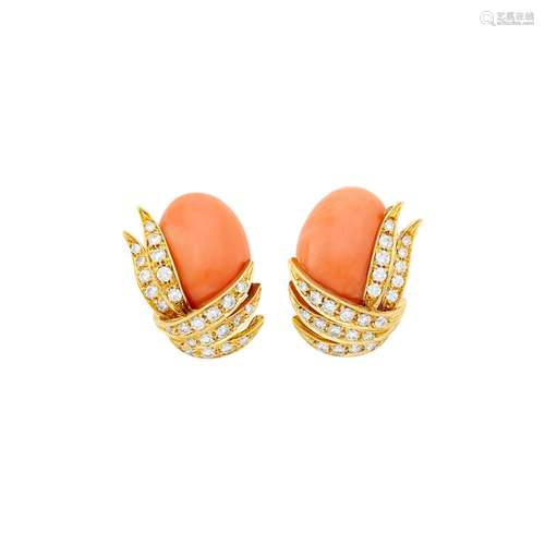 Bulgari Pair of Gold, Coral and Diamond Earclips