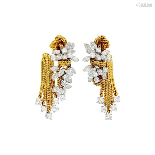 Marchak Paris Pair of Gold, Platinum and Diamond Fringe Earc...