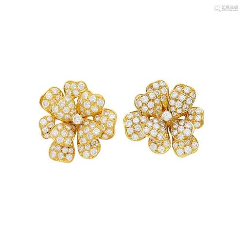 Van Cleef & Arpels Pair of Gold and Diamond `Camelia` Fl...