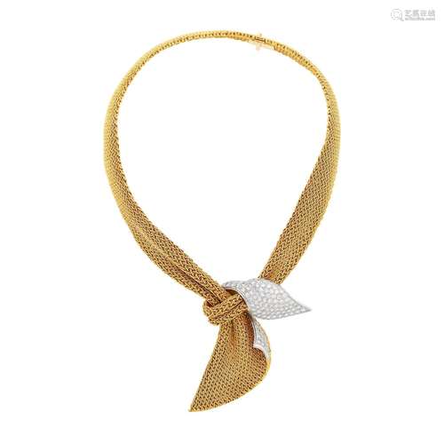 Gold, Platinum and Diamond Bow Mesh Necklace, France