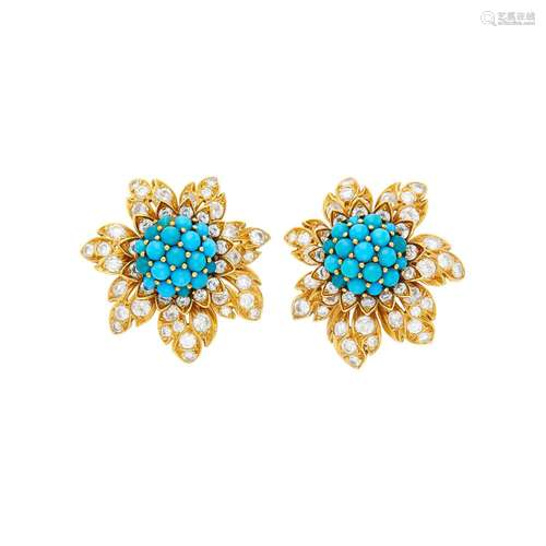 Pair of Gold, Turquoise and Diamond Flower Earclips