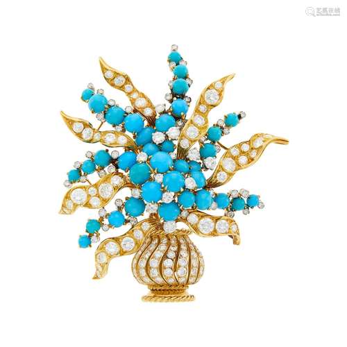 Bulgari Gold, Turquoise and Diamond Clip-Brooch