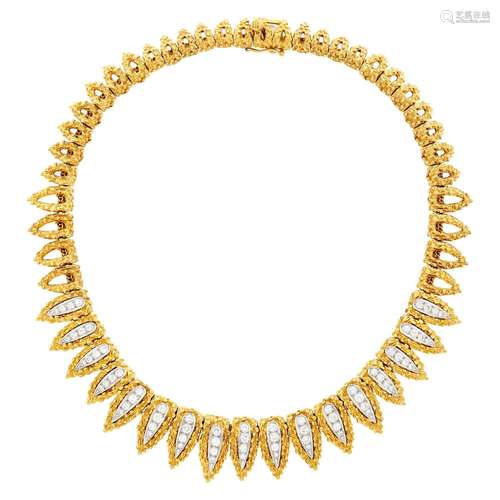 Two-Color Nugget Gold and Diamond Leaf Necklace