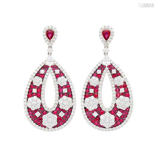 Pair of Two-Color Gold, Ruby and Diamond Pendant-Earrings