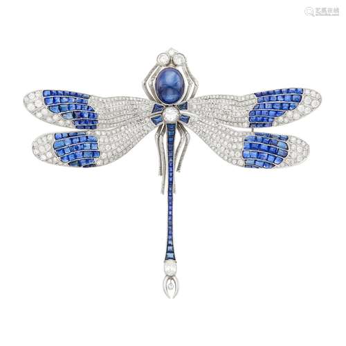 Platinum, Gold, Cabochon Sapphire and Diamond Dragonfly Broo...