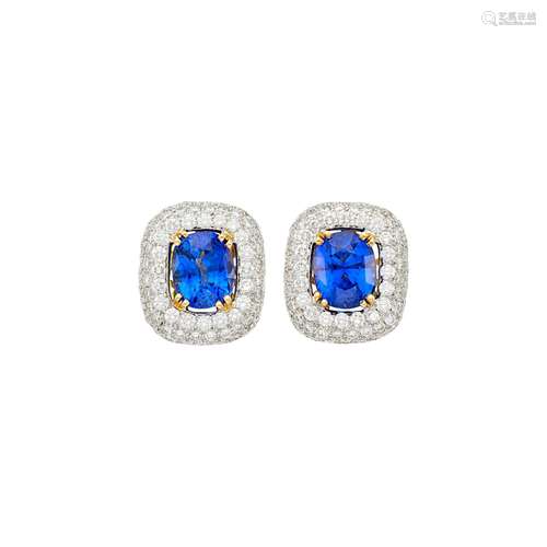 Pair of Two-Color Gold, Sapphire and Diamond Earclips