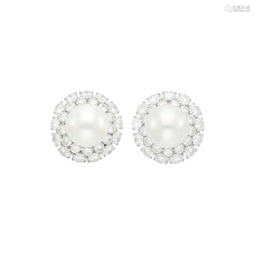 Pair of White Gold, South Sea Cultured Pearl and Diamond Ear...