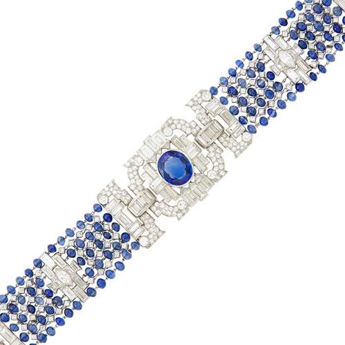 Five Strand Platinum, Sapphire, Sapphire Bead and Diamond Br...