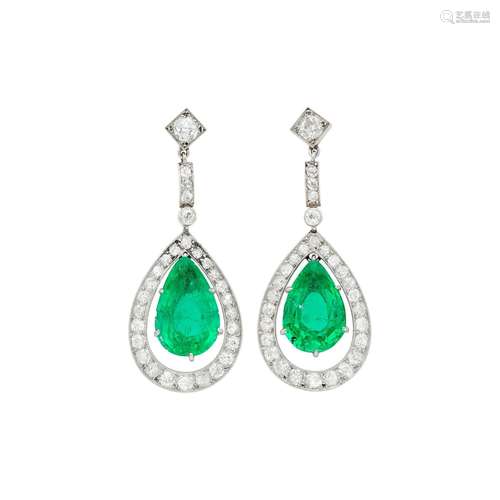 Pair of Platinum, Emerald and Diamond Pendant-Earrings, Fran...