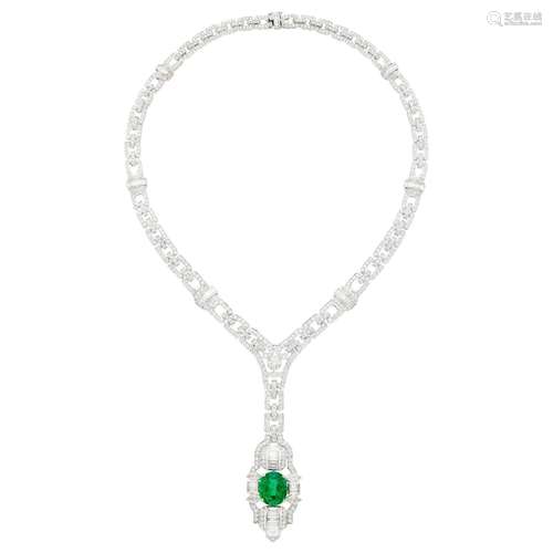 Platinum, Emerald and Diamond Pendant-Necklace