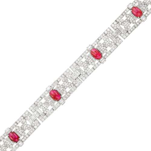 Platinum, Cabochon Ruby and Diamond Bracelet