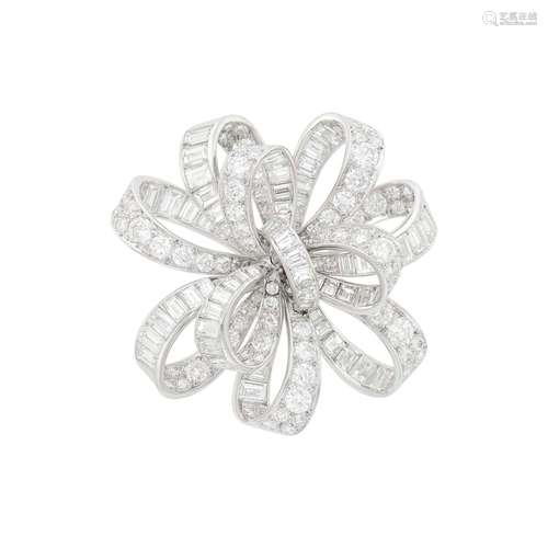 Platinum and Diamond Bow Clip-Brooch, France