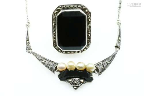 Art Deco collier zilver onyx en ring