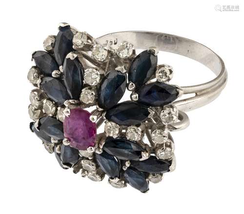 WHITE GOLD RING WITH RUBY, SAPPHIRES AND DIAMONDS