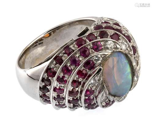 WHITE GOLD RING WITH CENTRAL OPAL, RUBIES AND DIAMONDS